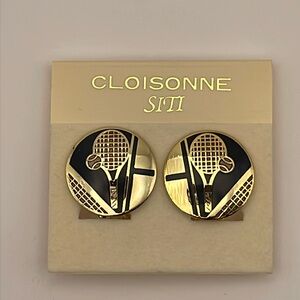 Vintage New Old Stock Gold/Black Tennis Cloisonné Clip-On Earrings (CN3)